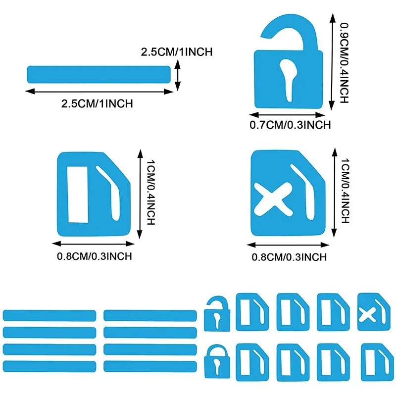 Juego de 18 pegatinas luminosas para botones de ventanilla de coche. 
